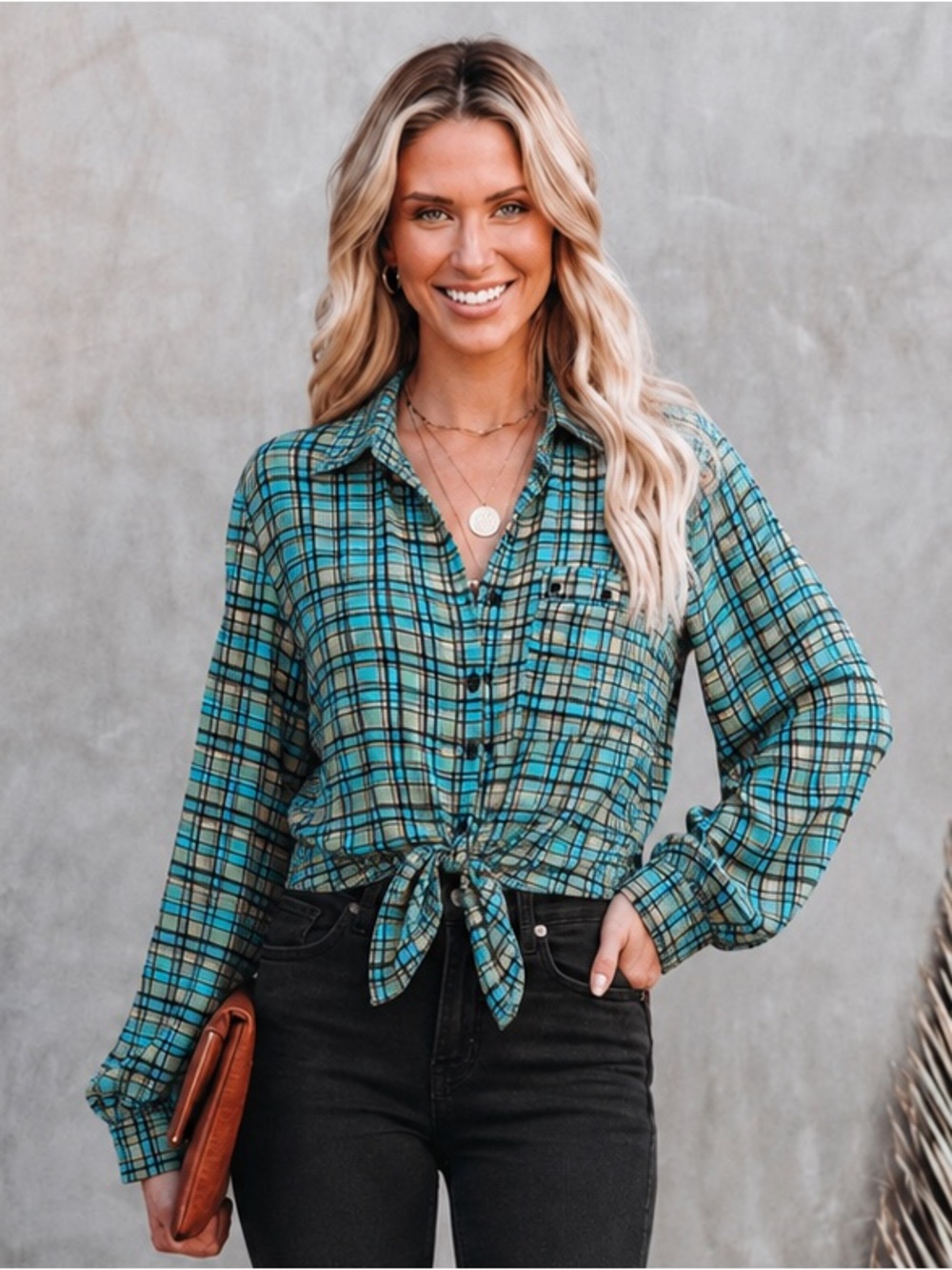 Gorgeous lightweight aqua plaid front tie roll up sleeve blouse. Medium.
